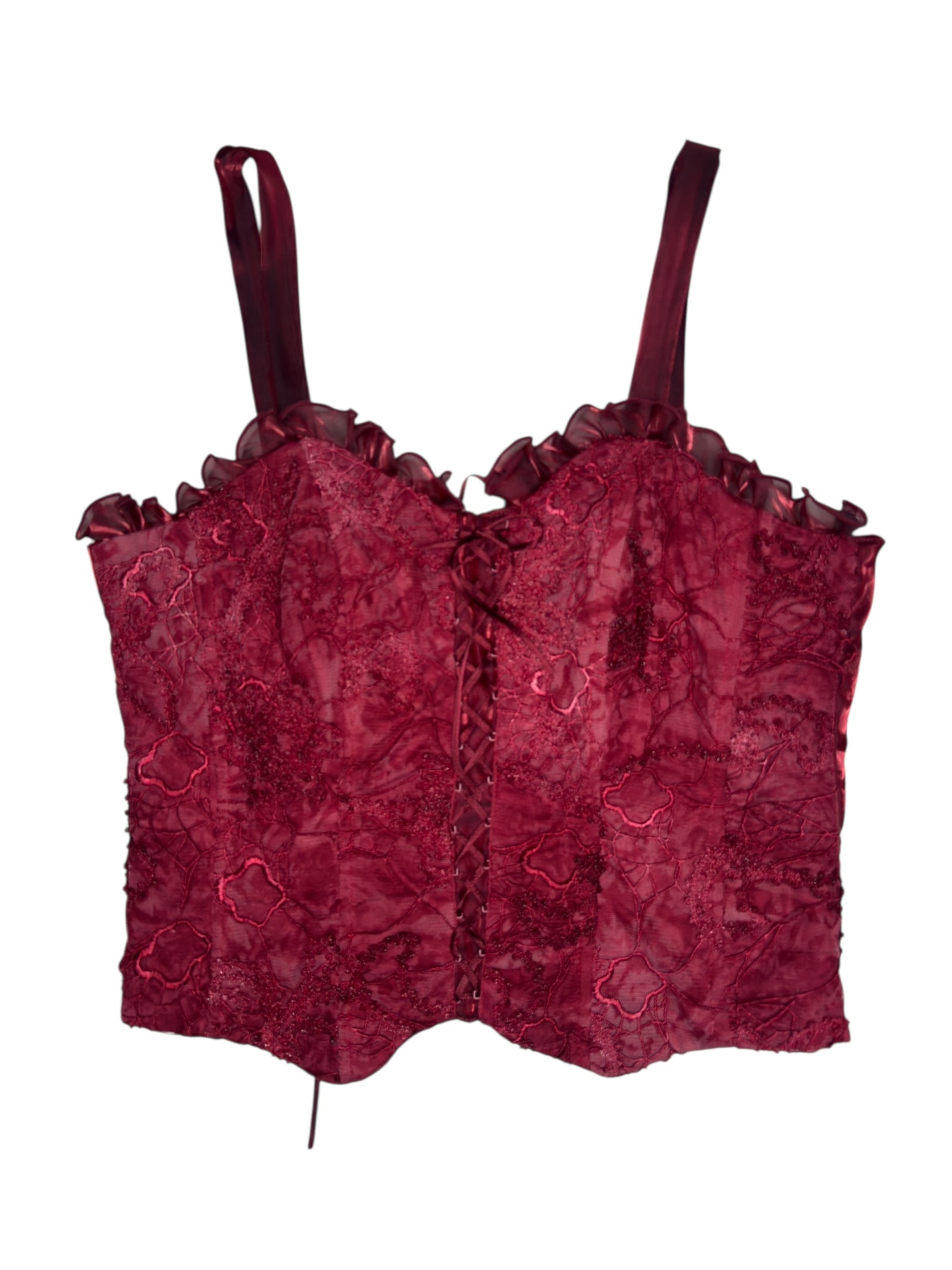 Vintage 2000s Maroon Mesh Sleeveless Lace Up Corset Top with Ruffled Trim | Size L