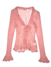 Vintage 2000s Y2K Mohair Wool Blend Pastel Baby Pink Ruffled Crochet Lightweight Cardigan Sweater with Tie | Size S