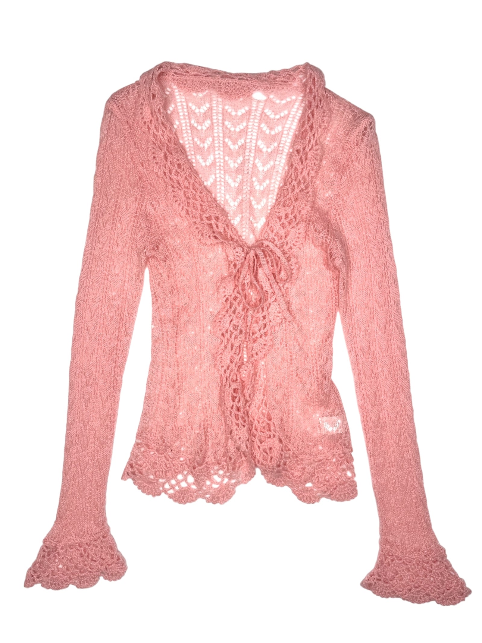 Vintage 2000s Y2K Mohair Wool Blend Pastel Baby Pink Ruffled Crochet Lightweight Cardigan Sweater with Tie | Size S
