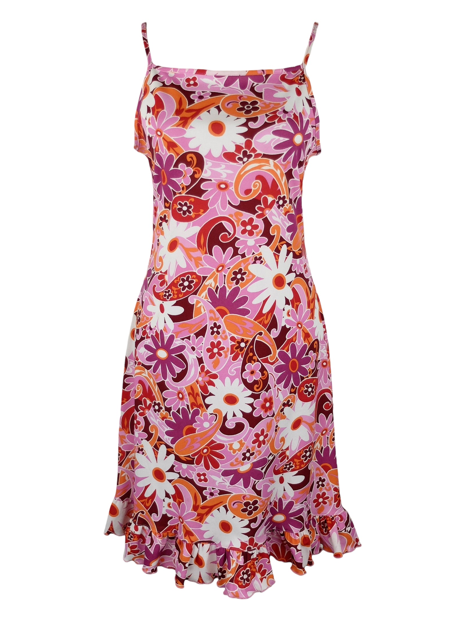 Vintage 90s Y2K Bohemian Hippie Pink Floral Paisley Print Sleeveless Spaghetti Strap Tank Below-the-Knee Ruffled Midi Dress | Size L