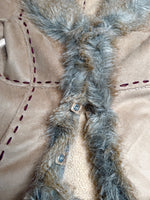 Vintage 2000s Y2K Bohemian Hippie Tan Faux Fur Trim Velour Button Down Winter Jacket Coat | Size L
