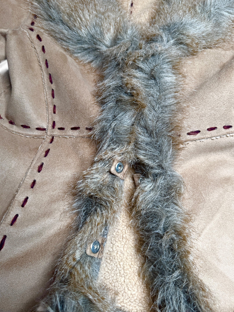 Vintage 2000s Y2K Bohemian Hippie Tan Faux Fur Trim Velour Button Down Winter Jacket Coat | Size L