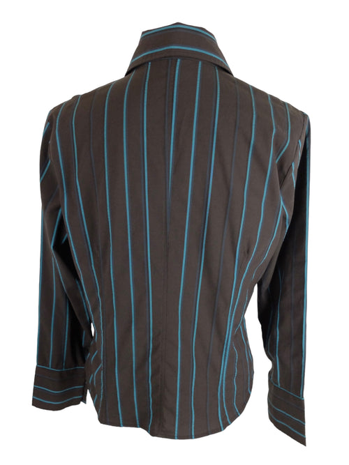 Vintage 2000s Y2K Preppy Mod Bohemian Dark Brown & Blue Striped Collared Long Sleeve Button Up Blouse | Size L