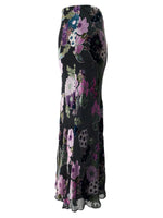 Vintage 2000s Y2K Chic Formal Black Pink & Purple Burnout Velvet Floral Patterned Floor Length Maxi Skirt