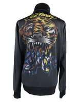 Vintage 2000s Y2K Ed Hardy Streetwear Hip Hop Style Tiger Graphic Print High Roll Neck Zip Up Track Jacket with Sequin Detail | Men’s Size L