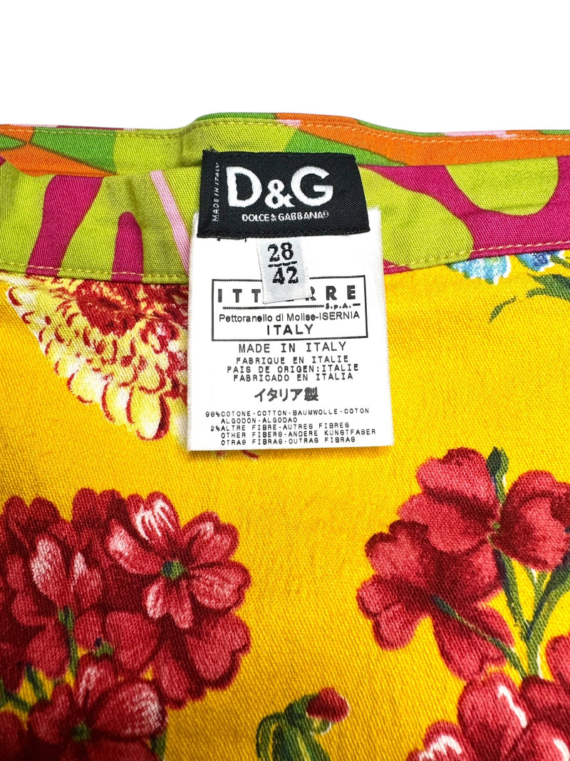 Vintage 2000s Y2K Dolce & Gabbana Bohemian Preppy Low Mid Rise Yellow Floral & Abstract Patterned A-Line Mini Skirt | Size S