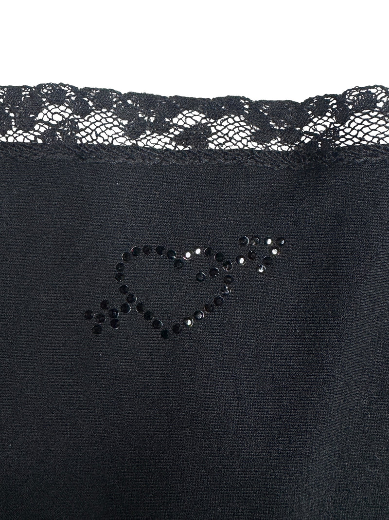 Vintage 2000s Y2K Blumarine Black Cropped Long Sleeve Bolero Style Lace Trim Blouse with Rhinestone Detail | Size M-L