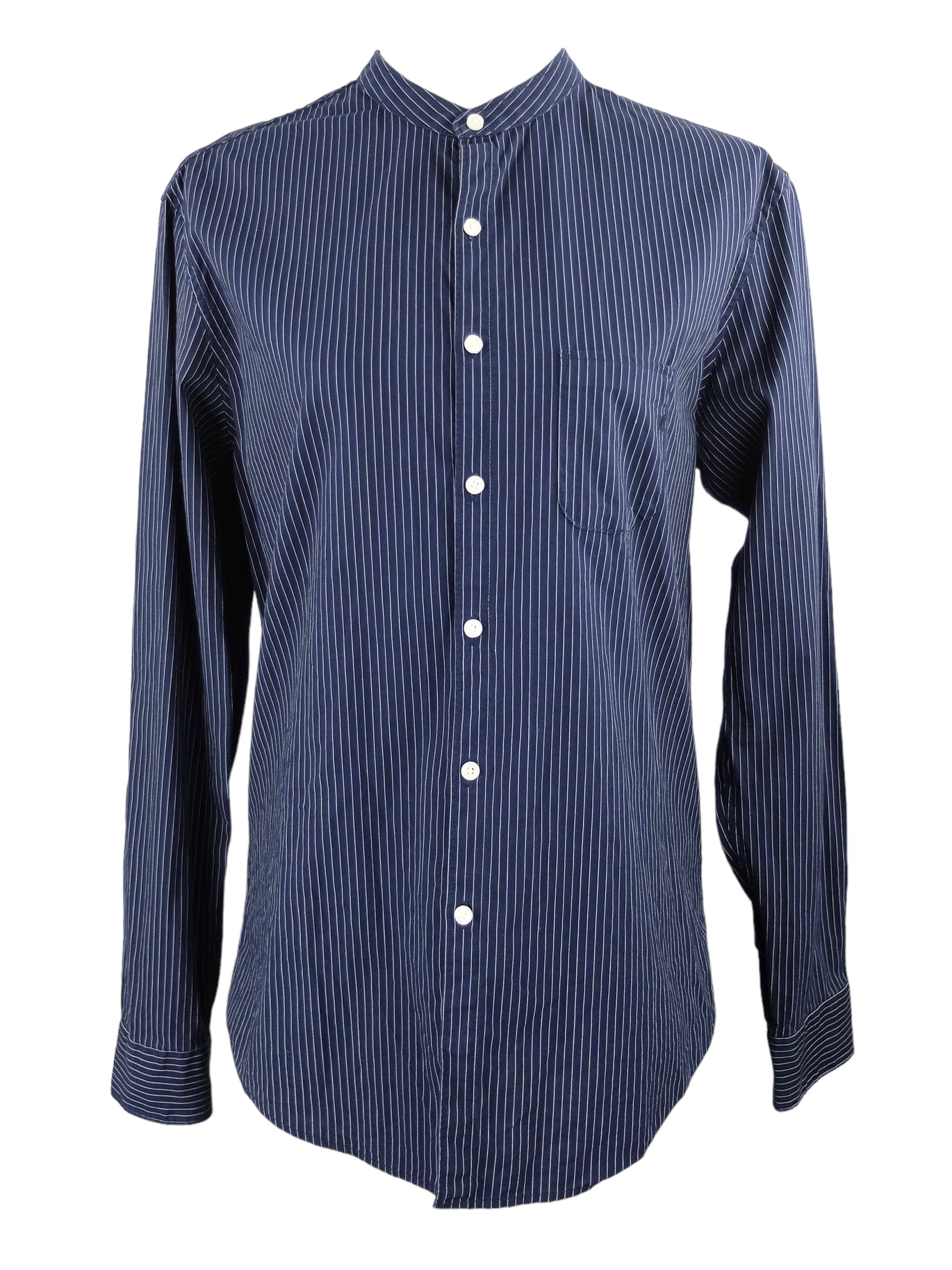 Vintage 2000s Y2K Replay Regular Fit Navy Blue Pinstripe Collarless Long Sleeve Button Up Dress Shirt