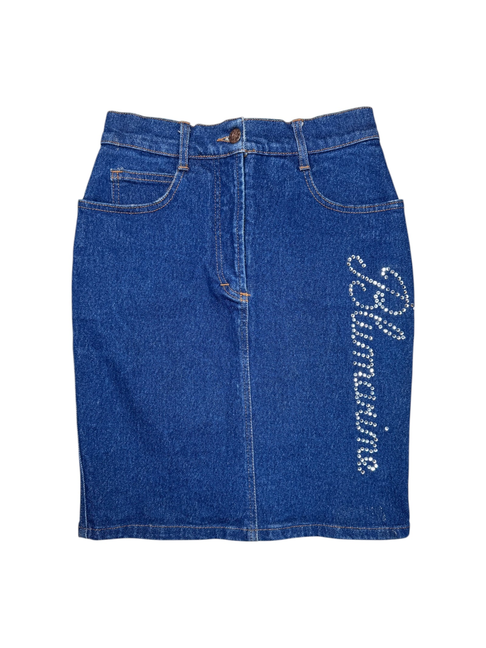Vintage 2000s BLUMARINE High Waisted Knee Length Denim Skirt With Rhinestone Detail | Size XS