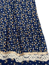 Vintage 70s Gunne Sax Bohemian Hippie Prairie Navy Blue Floral Ruffled Cotton Midi Peasant Skirt with Lace Trim | Size XXS-XS
