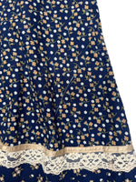 Vintage 70s Gunne Sax Bohemian Hippie Prairie Navy Blue Floral Ruffled Cotton Midi Peasant Skirt with Lace Trim | Size XXS-XS