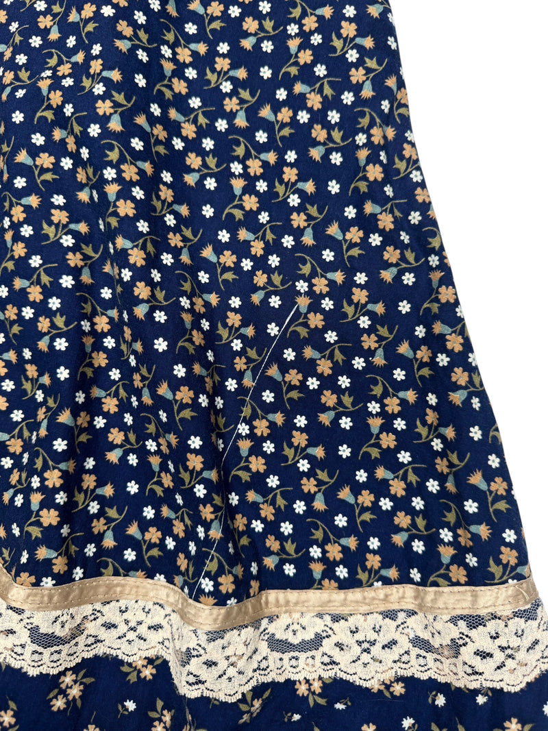 Vintage 70s Gunne Sax Bohemian Hippie Prairie Navy Blue Floral Ruffled Cotton Midi Peasant Skirt with Lace Trim | Size XXS-XS