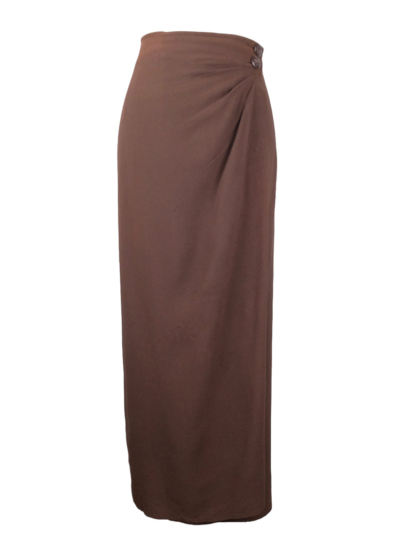 Vintage 90s Y2K Marella Mod Minimalist Chic Solid Basic Brown Straight Silhouette Draped Maxi Skirt | Size L