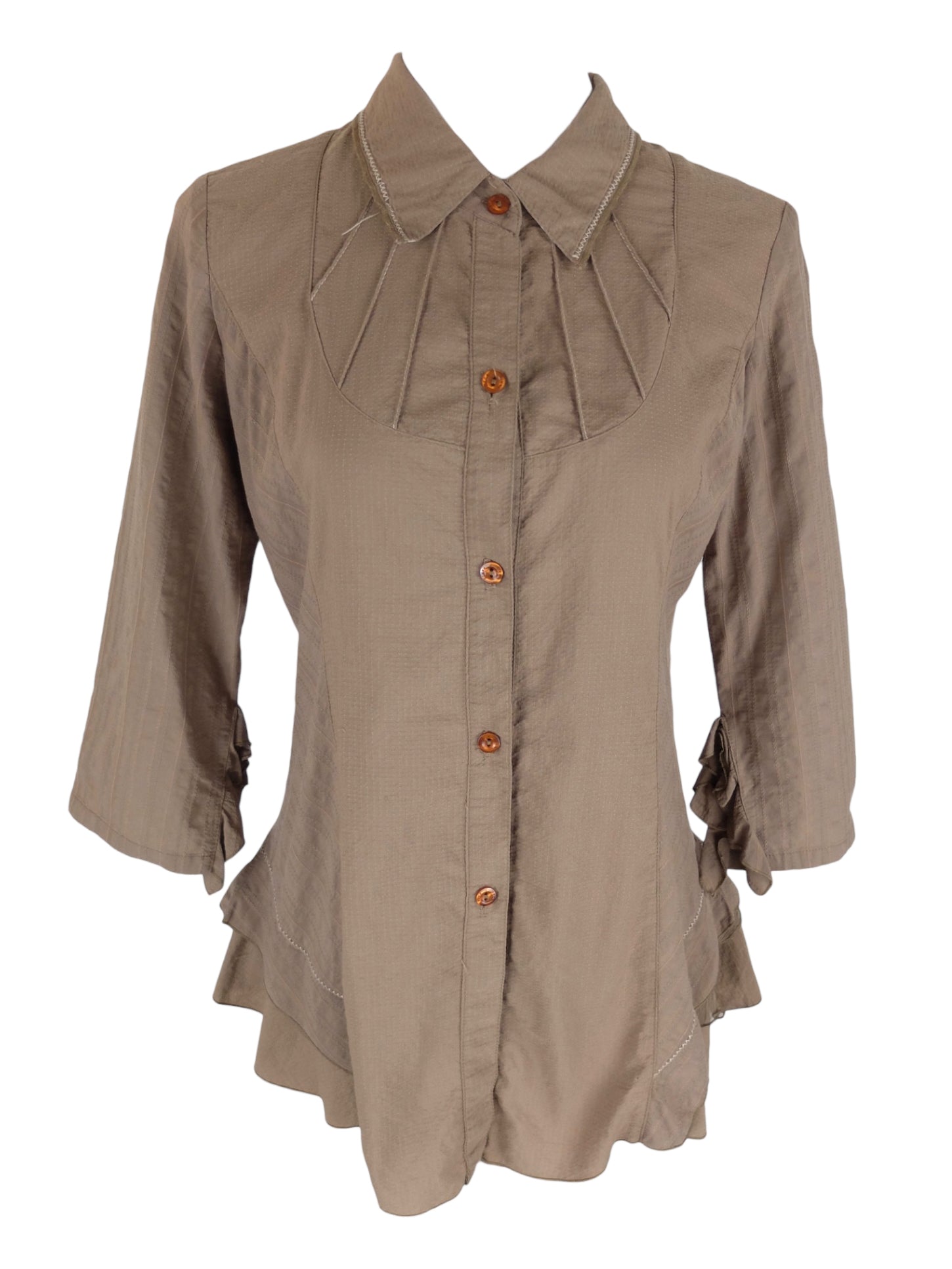 Vintage 2000s Y2K Preppy Brown Ruffled 3/4 Sleeve Collared Button Up Blouse | Size M