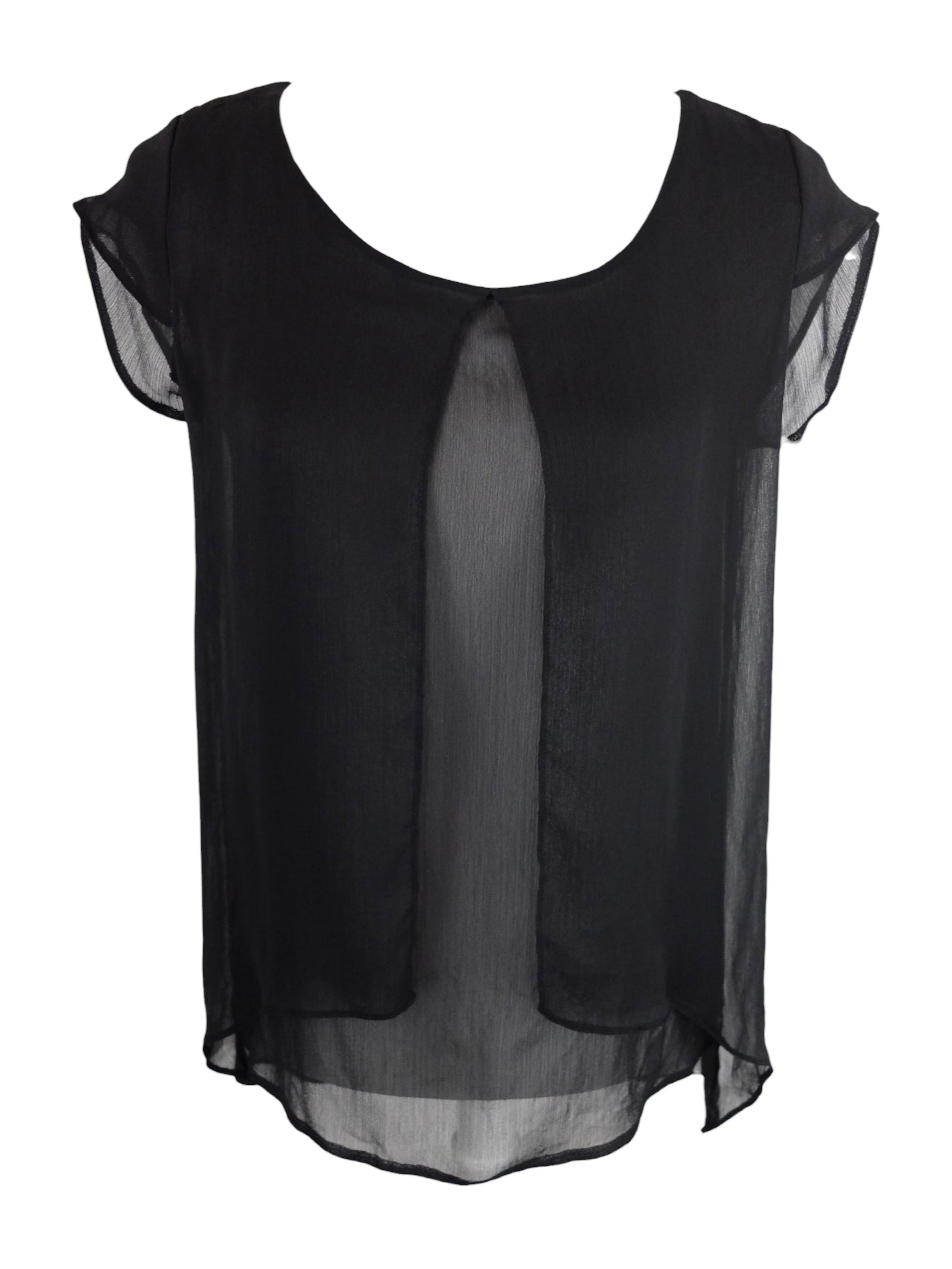 Vintage 2000s Y2K Chic Preppy Solid Black Sheer Chiffon Layered Short Sleeve Scoop Neck Blouse | Size S-M