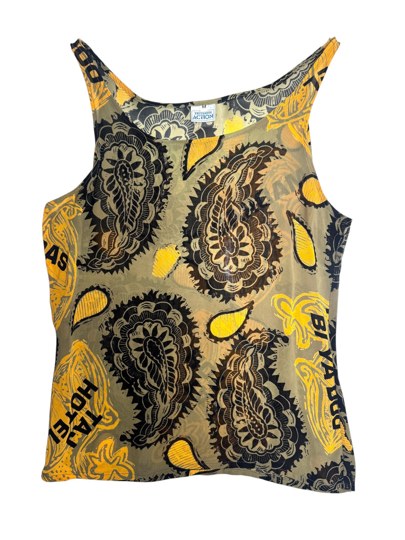 Vintage 2000s Y2K Trussardi Green & Yellow Paisley Graphic Print Sleeveless Chiffon Tank Top | Size M