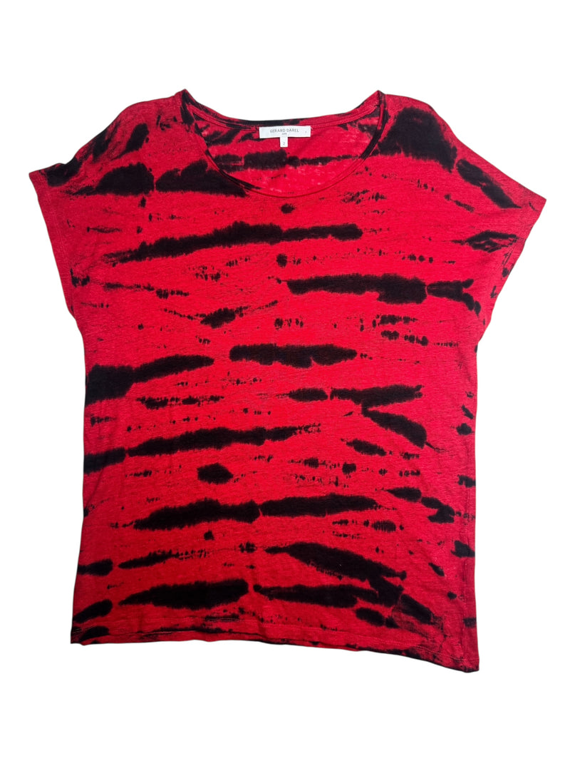 Vintage 2000s Y2K Gerard Darel Red & Black Tie Dye Acid Wash Linen Knit Blouse | Size S-M