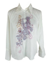 Vintage 2000s Y2K White Abstract Patterned Collared Long Sleeve Button Up Shirt Blouse | Size L
