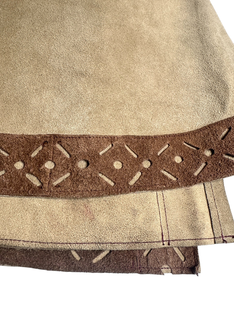 Vintage 70s Bohemian Hippie Tan & Brown Suede Leather Collared Snap Button Down Cape Poncho | Size M