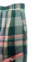 Vintage 70s Mod Bohemian Hippie High Waisted Wool Green & Pink Tartan Check Print Wide Leg Trousers | 26 Inch Waist