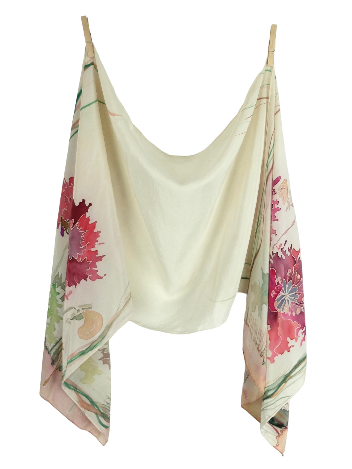 Vintage 80s Silk Chic Feminine Cream & Pink Floral Abstract Print Lightweight Long Wide Neck Wrap Shawl Scarf with Hand-Rolled Hem