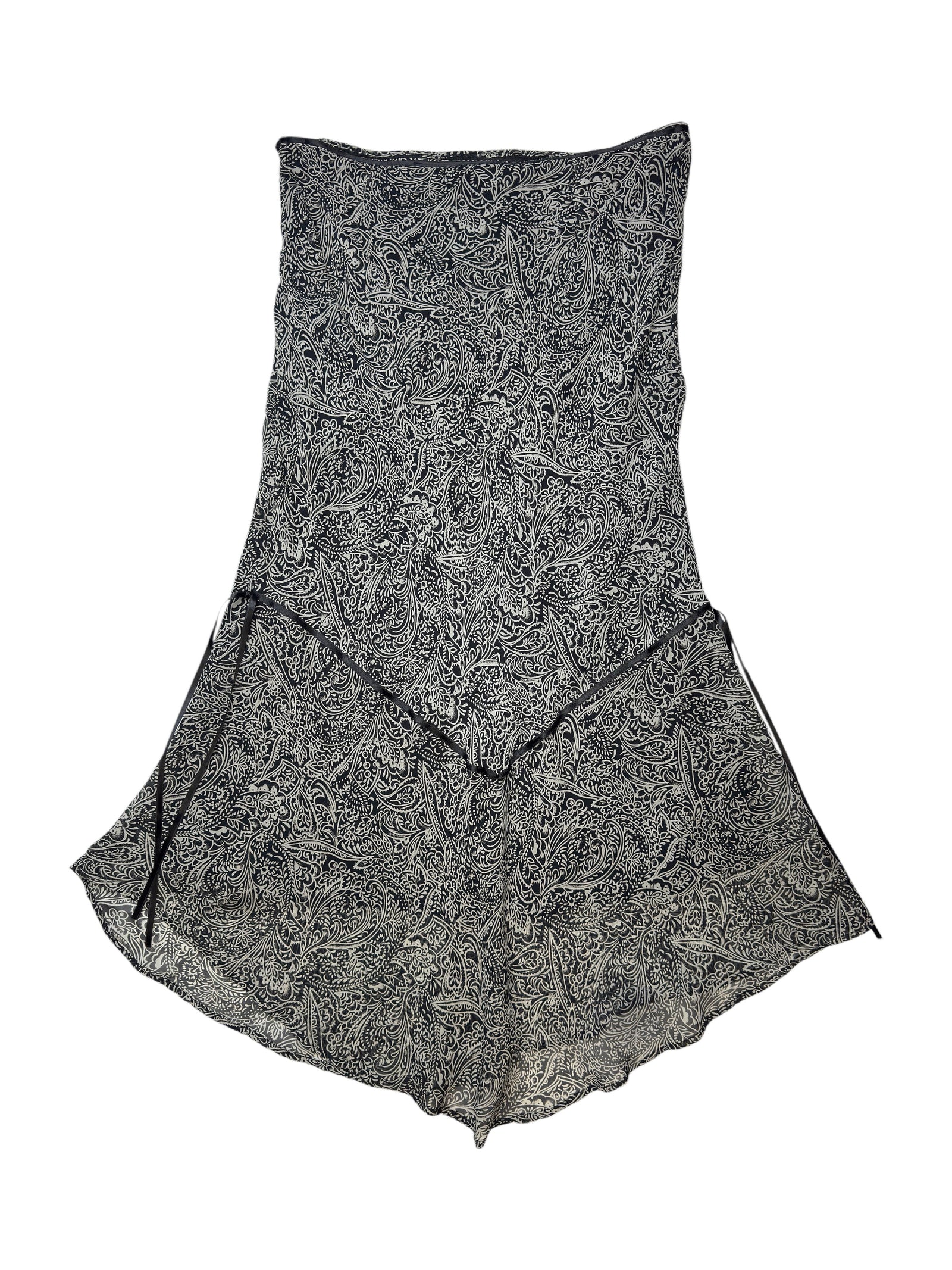 Vintage 2000s Black & Grey Silk Paisley Fit & Flare Asymmetric Midi Skirt with Ribbon Detail | Size M