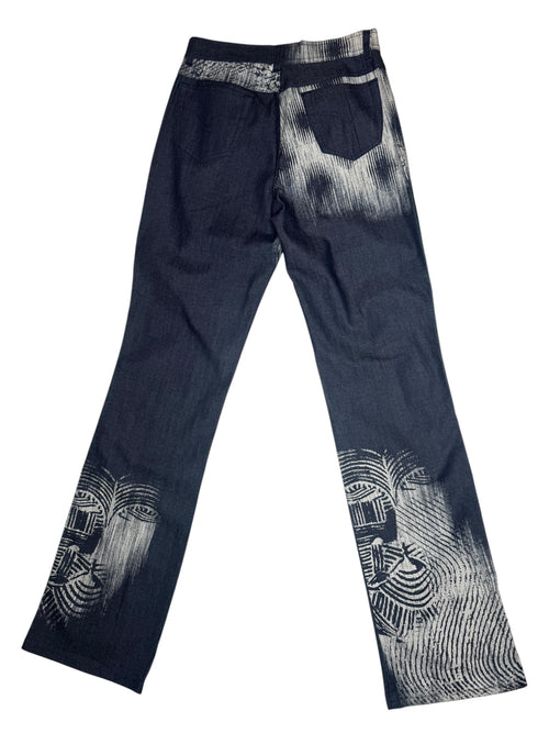 Vintage 2000s High Waisted Abstract Graphic Blue & White Tribal Patterned Straight Leg Jeans | 28 Inch Waist