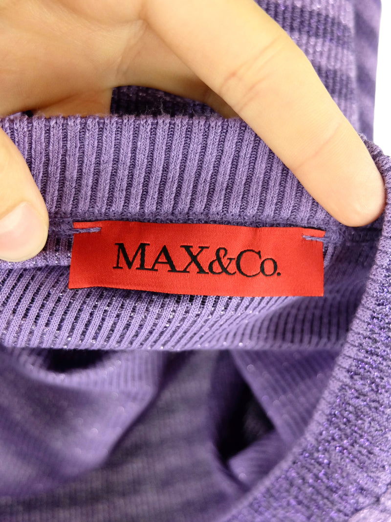 Vintage 2000s Y2K Max Mara Max & Co Crew Neck Striped Metallic Purple Knit Short Sleeve Blouse | Size M