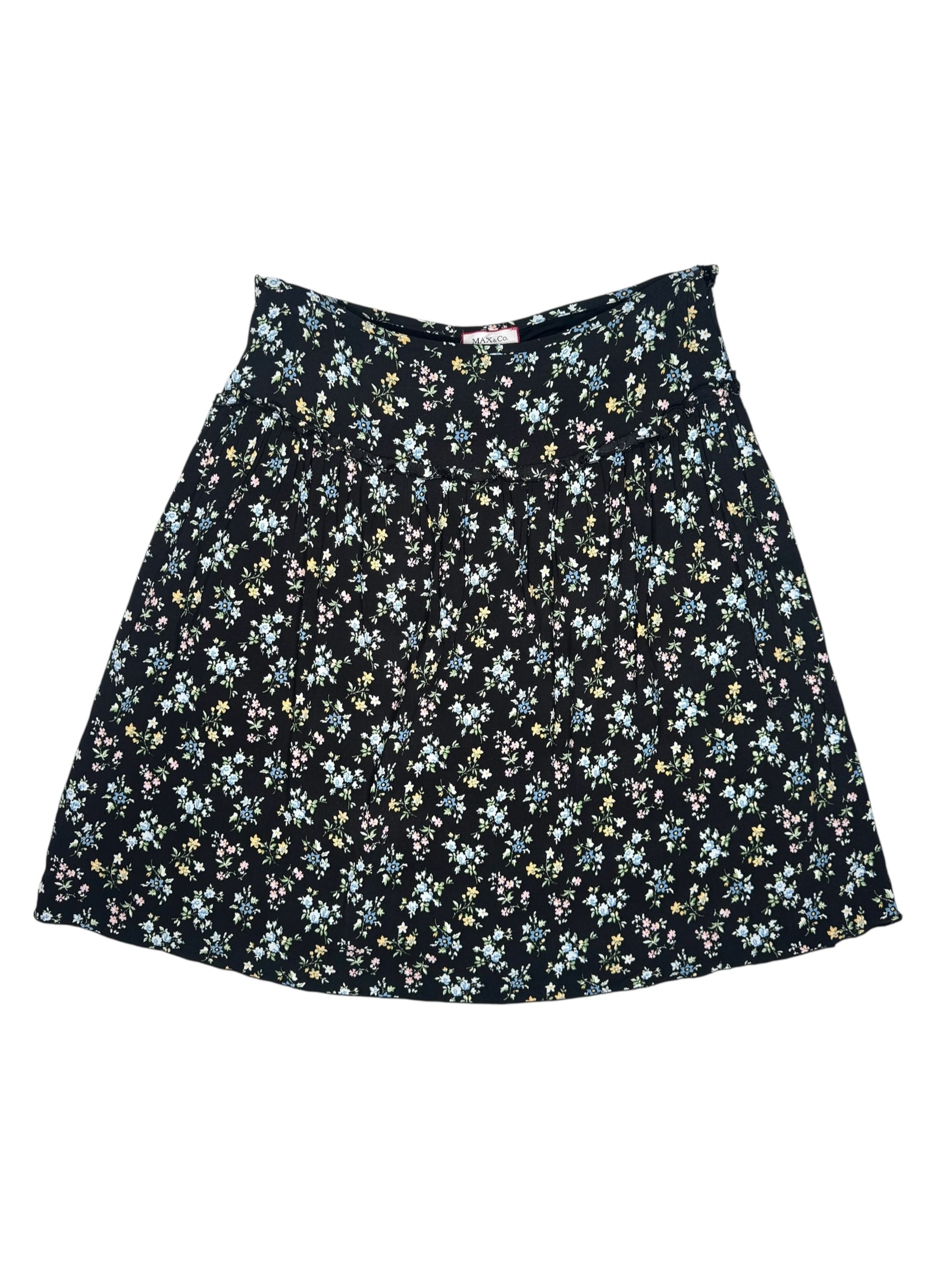 Vintage 2000s Y2K Max & Co Bohemian Chic Black Blue Floral High Waisted Above-the-Knee Chiffon A-Line Circle Skirt | Size M