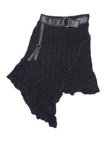 Vintage 2000s ZONE BLEUE Black Textured Knit Asymmetrical Ruffle Hem Midi Skirt with Faux Leather Belt Detail | Size S