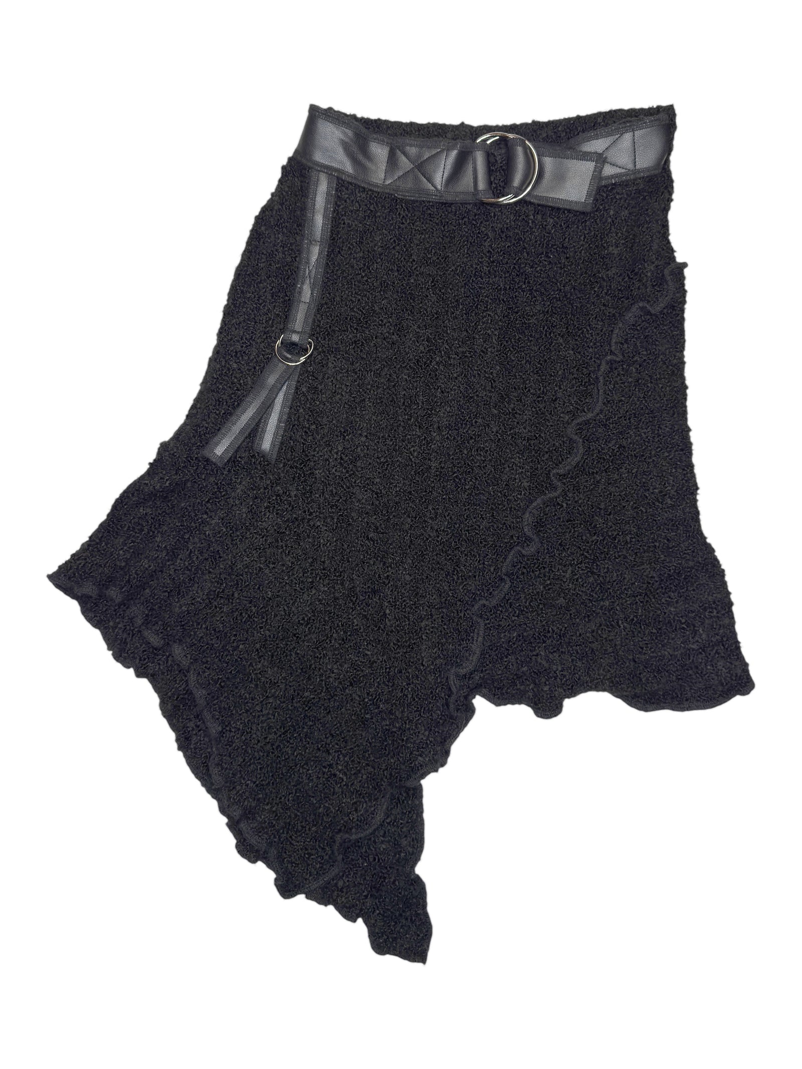 Vintage 2000s ZONE BLEUE Black Textured Knit Asymmetrical Ruffle Hem Midi Skirt with Faux Leather Belt Detail | Size S