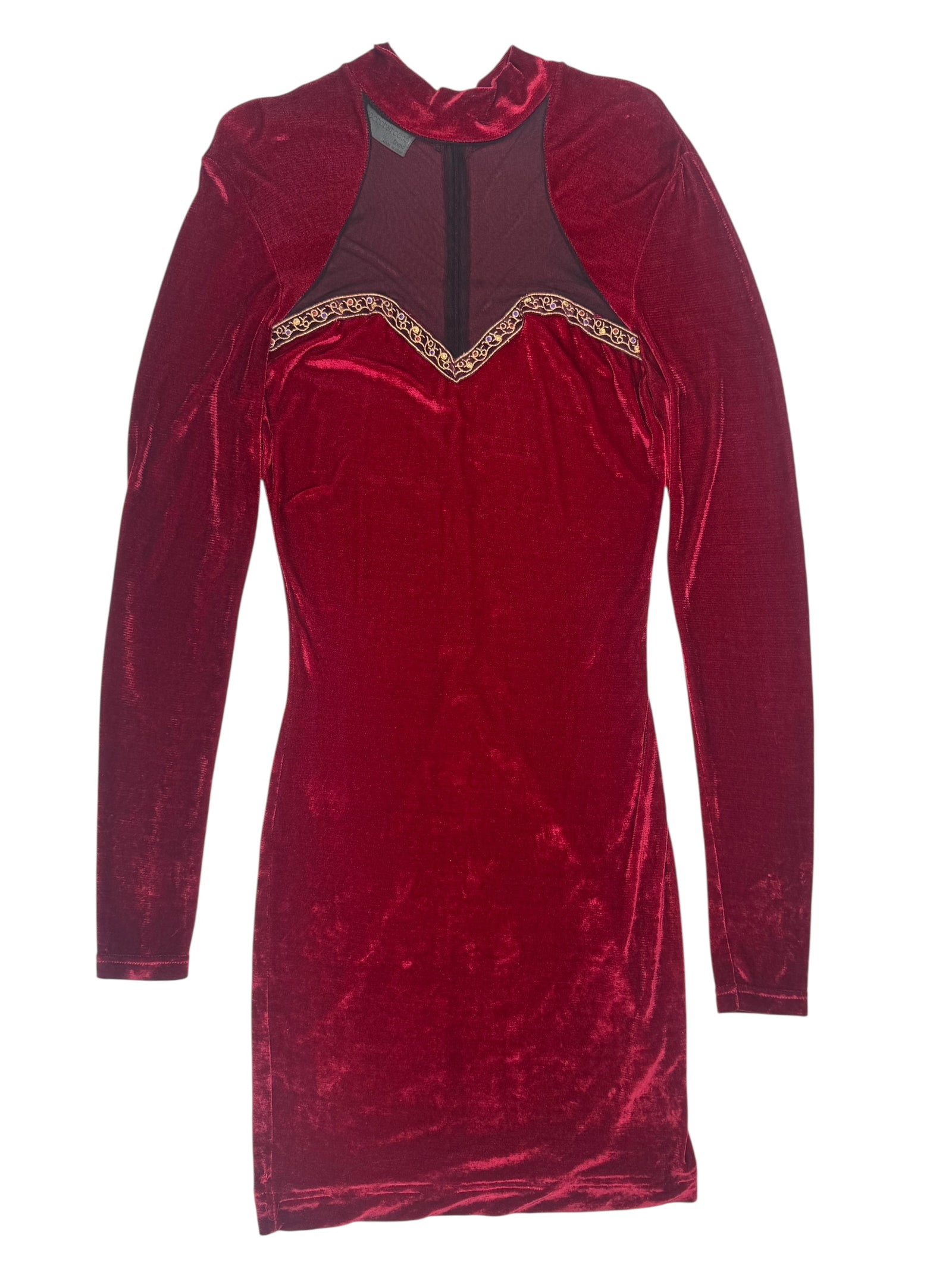 Vintage 80s Rocco Barocco Red Velvet Mockneck Long Sleeve Formal Dress with Mesh Cutout | Size XL