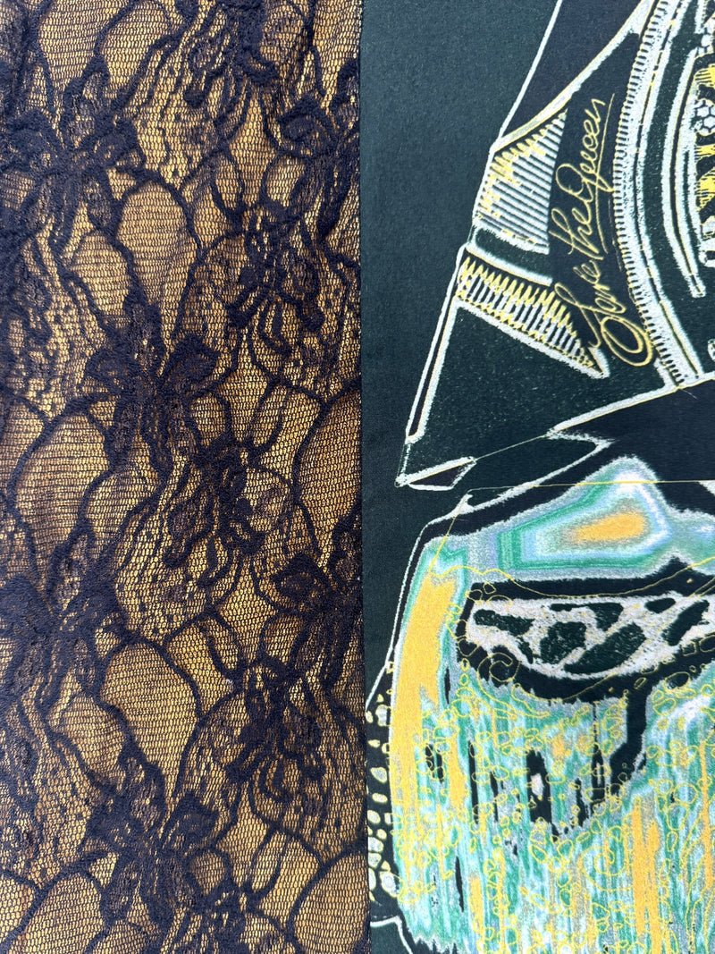 Vintage 2000s Y2K Save The Queen Dark Green & Black Abstract Print Above-the-Knee Long Sleeve Mini Dress with Lace Detail | Size L