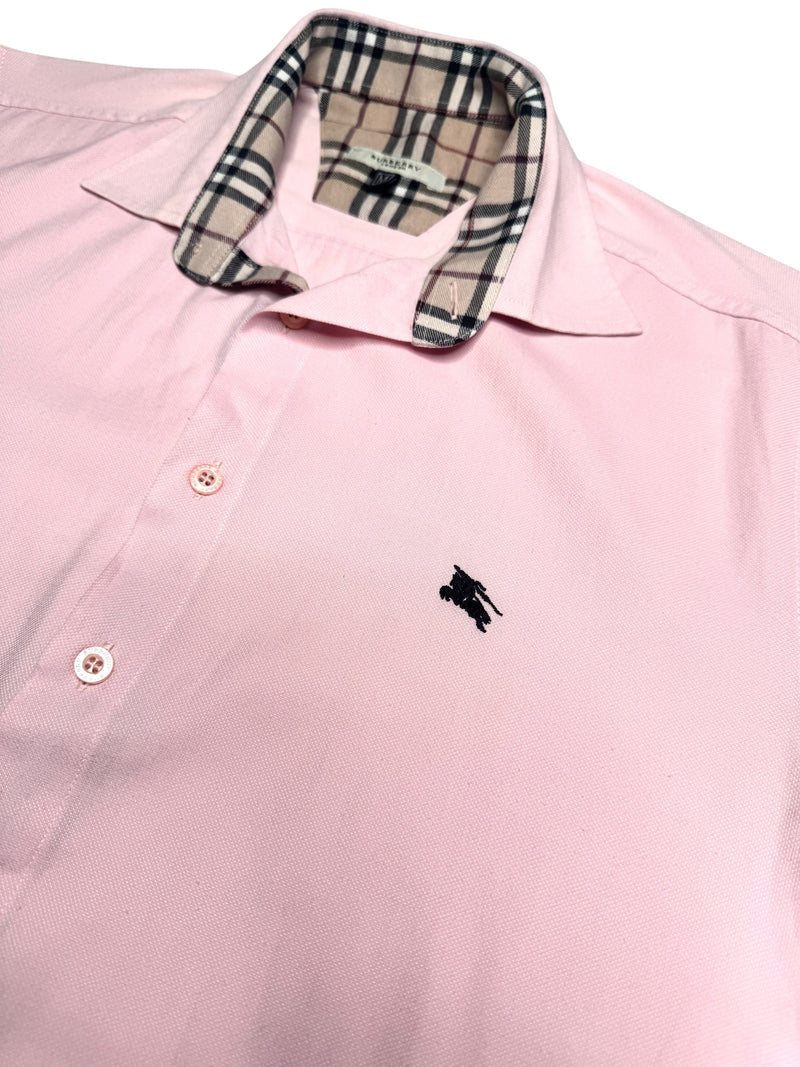 Vintage 2000s Y2K Burberry Preppy Pastel Pink & Plaid Tartan Collared Button Up Short Sleeve Shirt | Size M