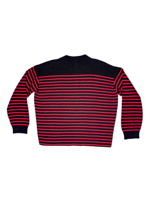 AW13 SAINT LAURENT by Hedi Slimane Black Red Striped Cotton Wool Blend Knit Crew Neck Sweater with Shoulder Buttons | Men’s Size XL
