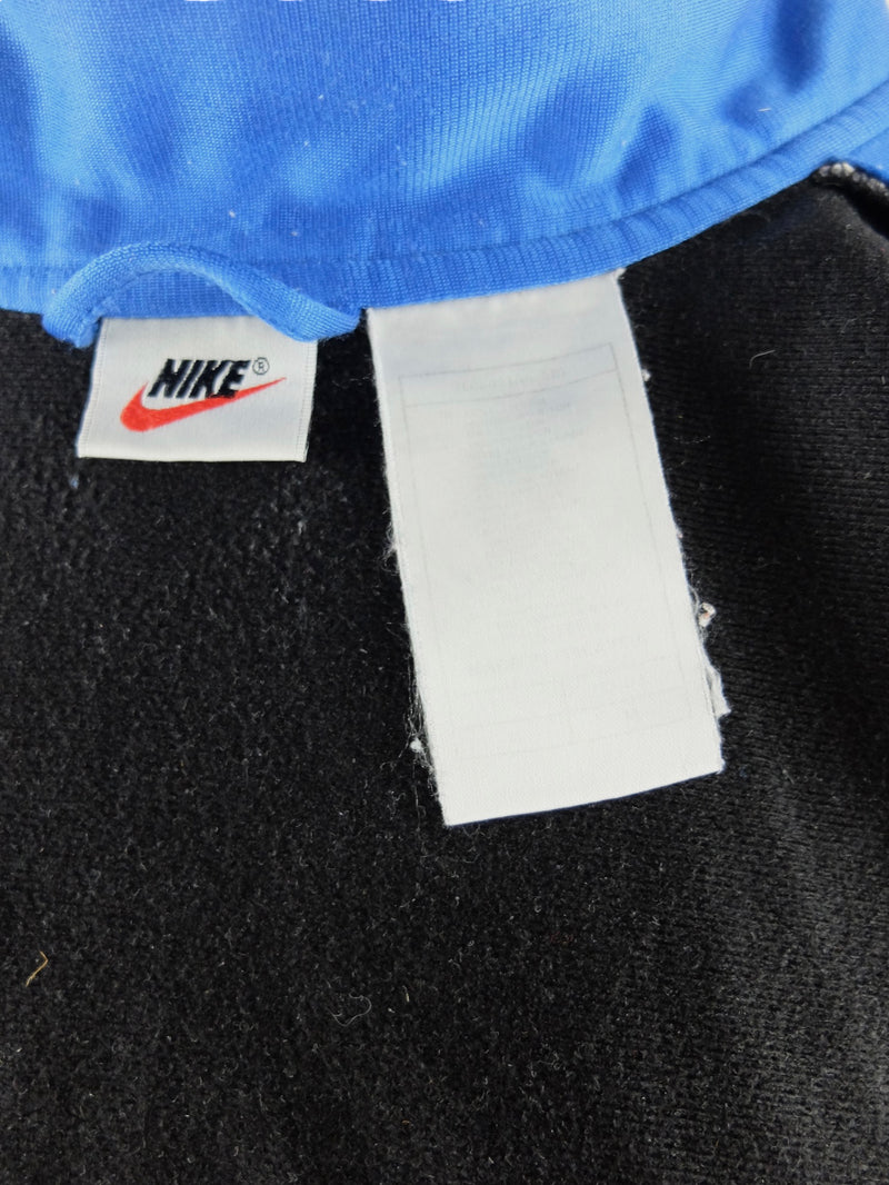 Vintage 90s Y2K Nike Sports Grey Blue & Black Zip Up Track Top Jacket with Sleeve Spellout | Men’s Size M