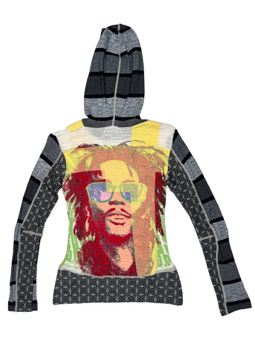 Vintage 2000s Y2K Custo Barcelona Streetwear Fitted Abstract Multicoloured Graphic Hooded Long Sleeve Shirt | Size S