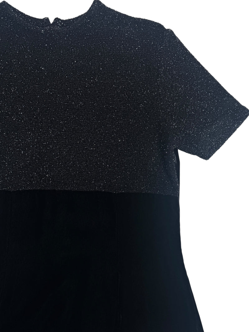 Vintage 90s Y2K Roberto Scarpa Black Velvet Short Sleeve Formal Cocktail Party Dress With Fuzzy Sparkle Detail | Size M-L