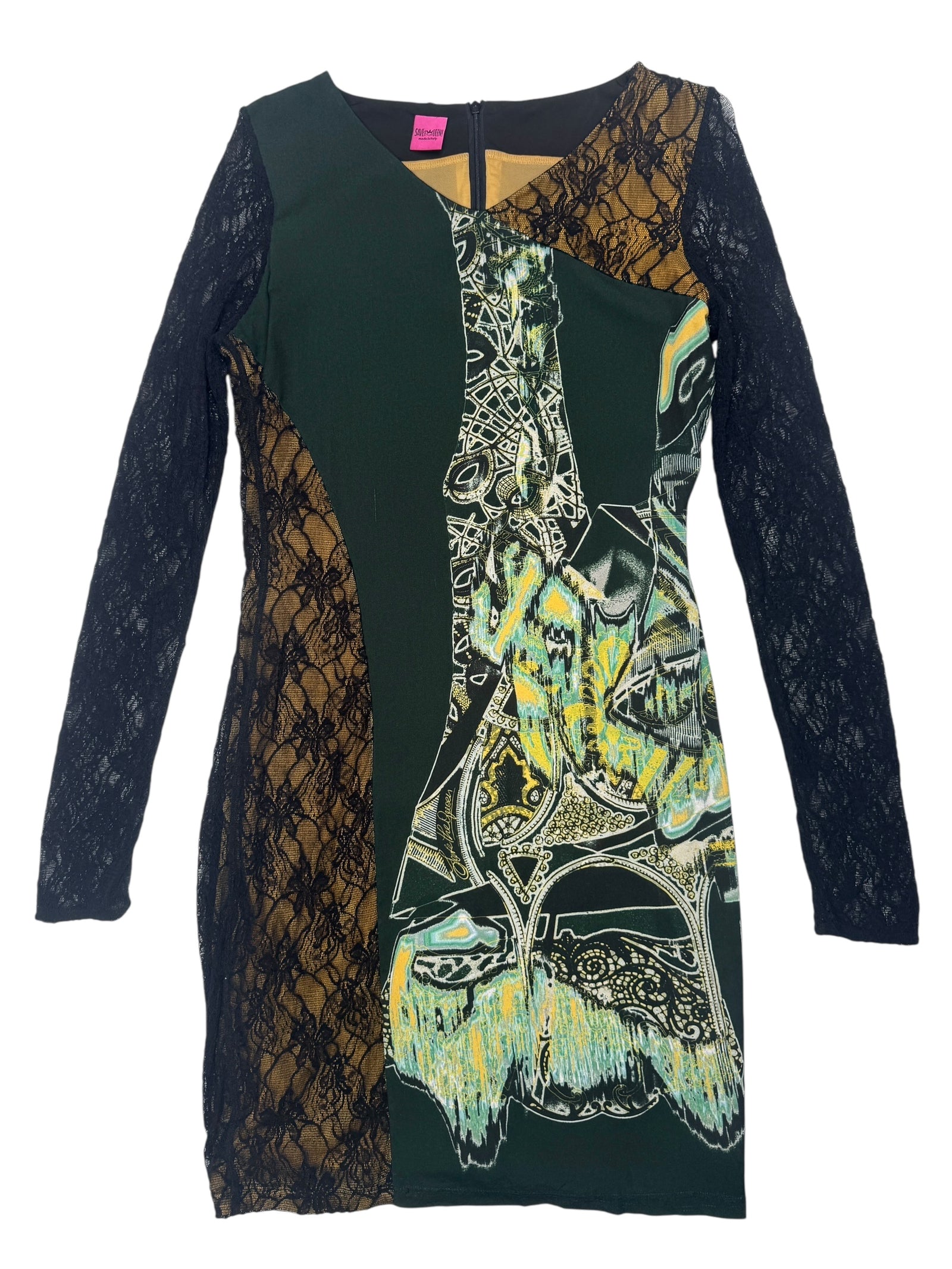 Vintage 2000s Y2K Save The Queen Dark Green & Black Abstract Print Above-the-Knee Long Sleeve Mini Dress with Lace Detail | Size L