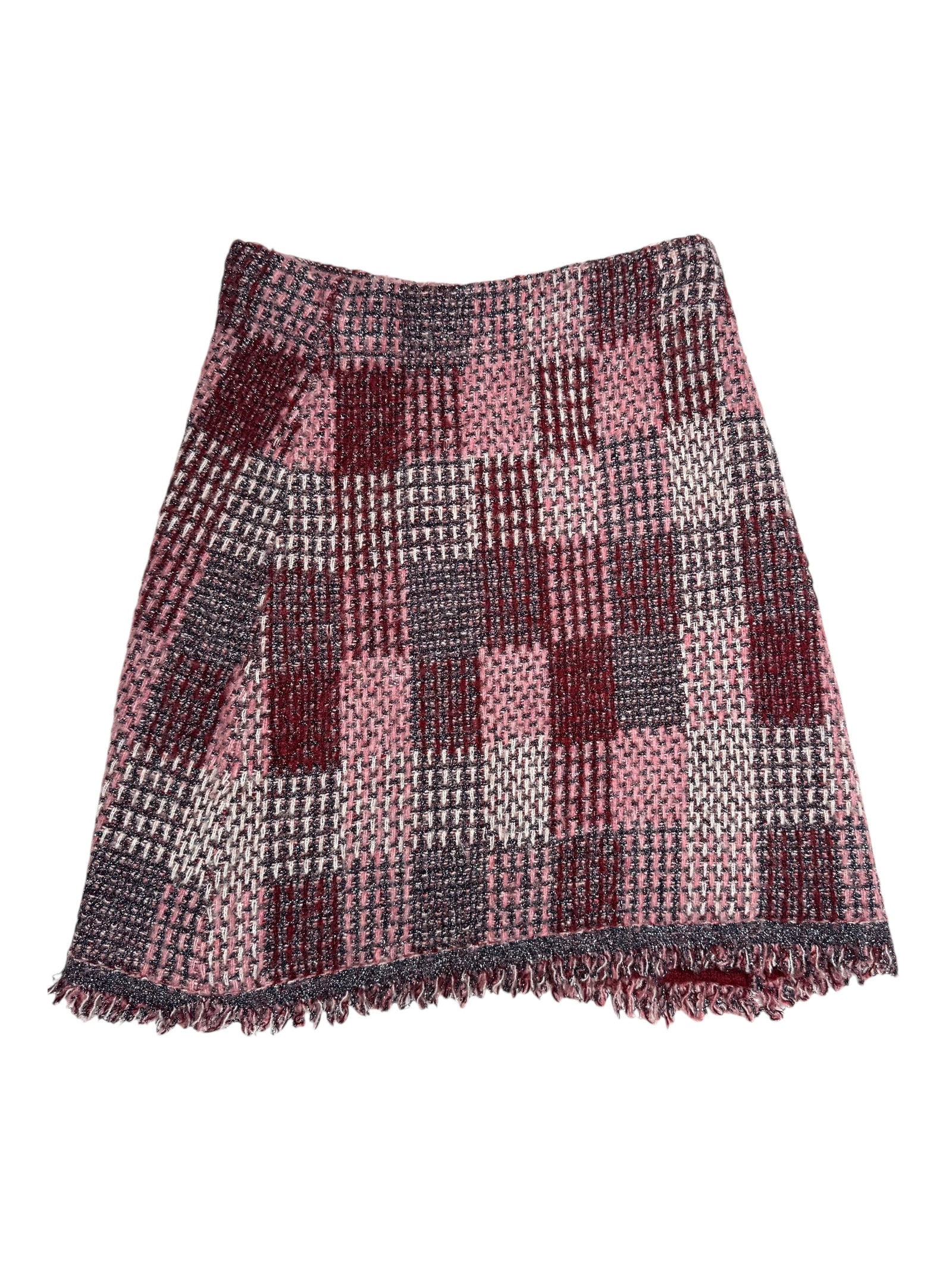 Vintage 2000s High Waisted Pink Checkered Woven Stretchy Metallic A-Line Knit Mini Skirt | Size S