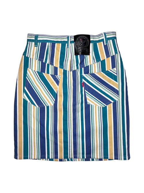 Vintage 2000s High Waisted Green Yellow & White Striped Denim Knee Length Jean Skirt | Size M