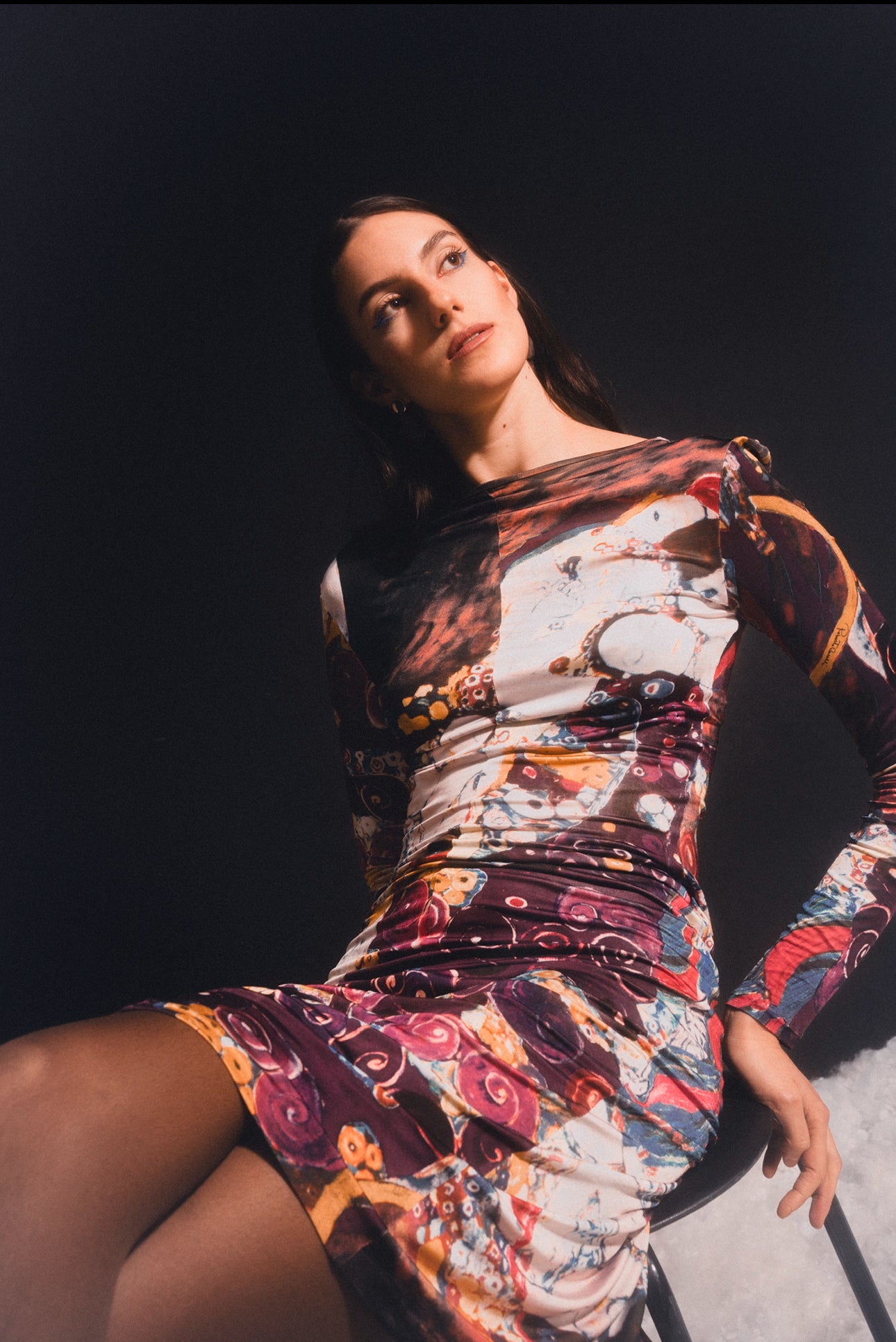 Vintage 2000s Y2K Roberto Cavalli Art Nouveau Purple Abstract Patterned Long Sleeve Dress | Size M