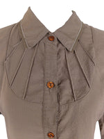 Vintage 2000s Y2K Preppy Brown Ruffled 3/4 Sleeve Collared Button Up Blouse | Size M