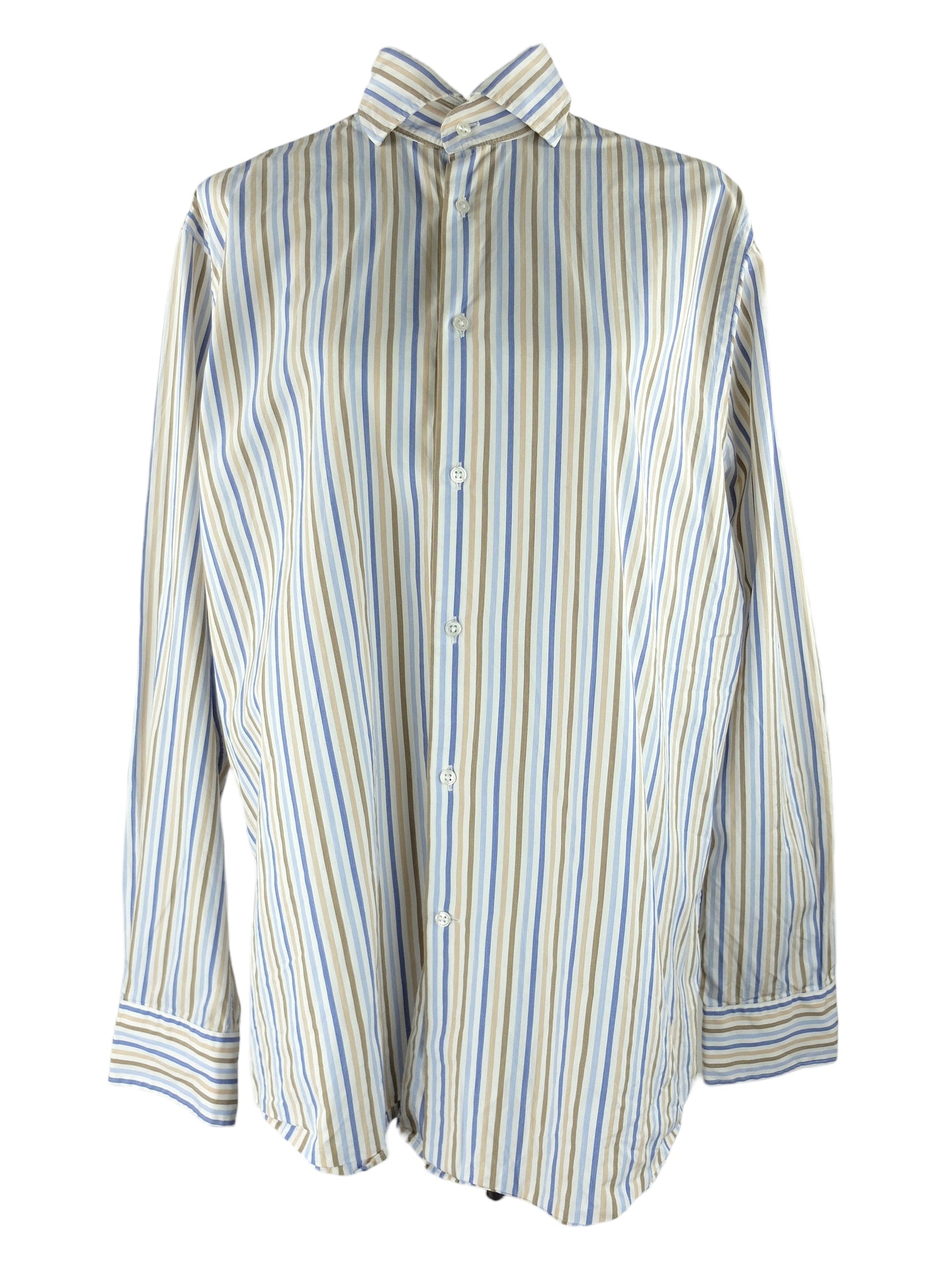 Vintage 2000s Y2K Men's Striped White Blue & Yellow Collared Button Up Long Sleeve Dress Shirt