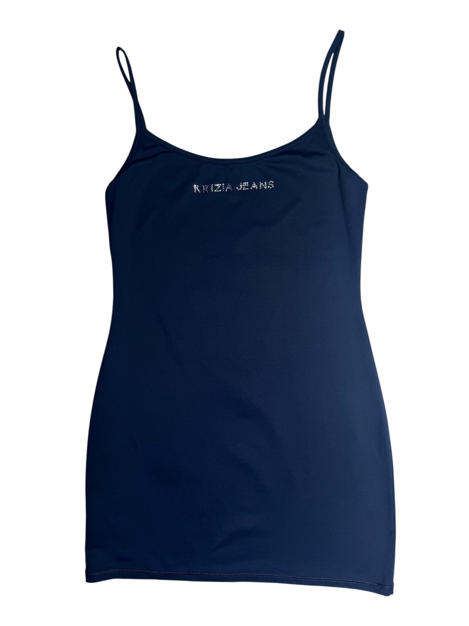 Vintage 2000s Y2K Krizia Jeans Blue Rhinestone Logo Sleeveless Tank Mini Dress | Size M