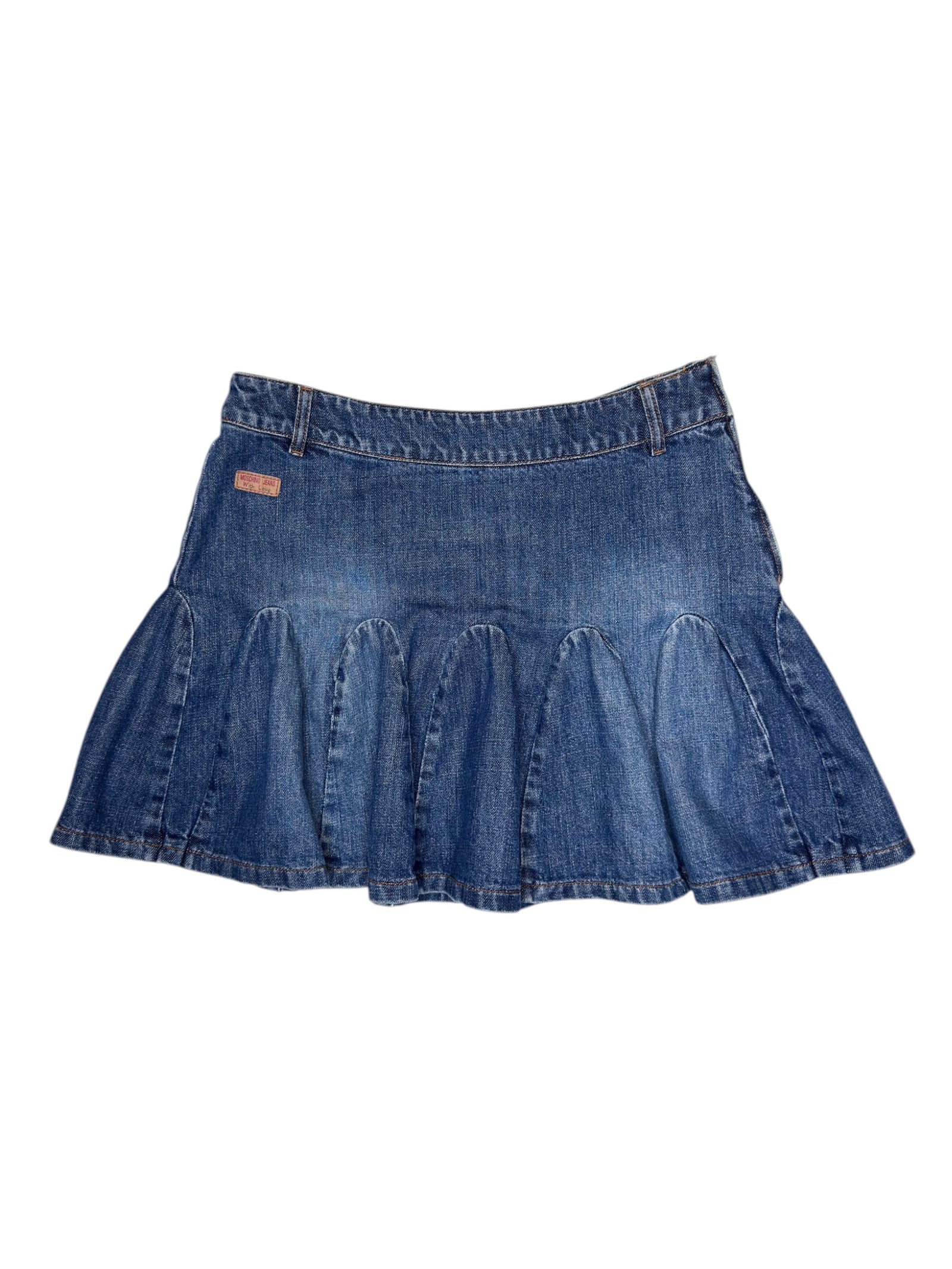 Vintage 2000s MOSCHINO Mid-Rise Fit & Flare Pleated Bubble Denim Mini Skirt | Size M