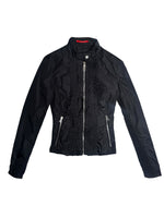 Vintage 2000s Y2K Prada Black Moto Nylon Fitted Utility Track Windbreaker Jacket with Ruffle Detail | Size XXS