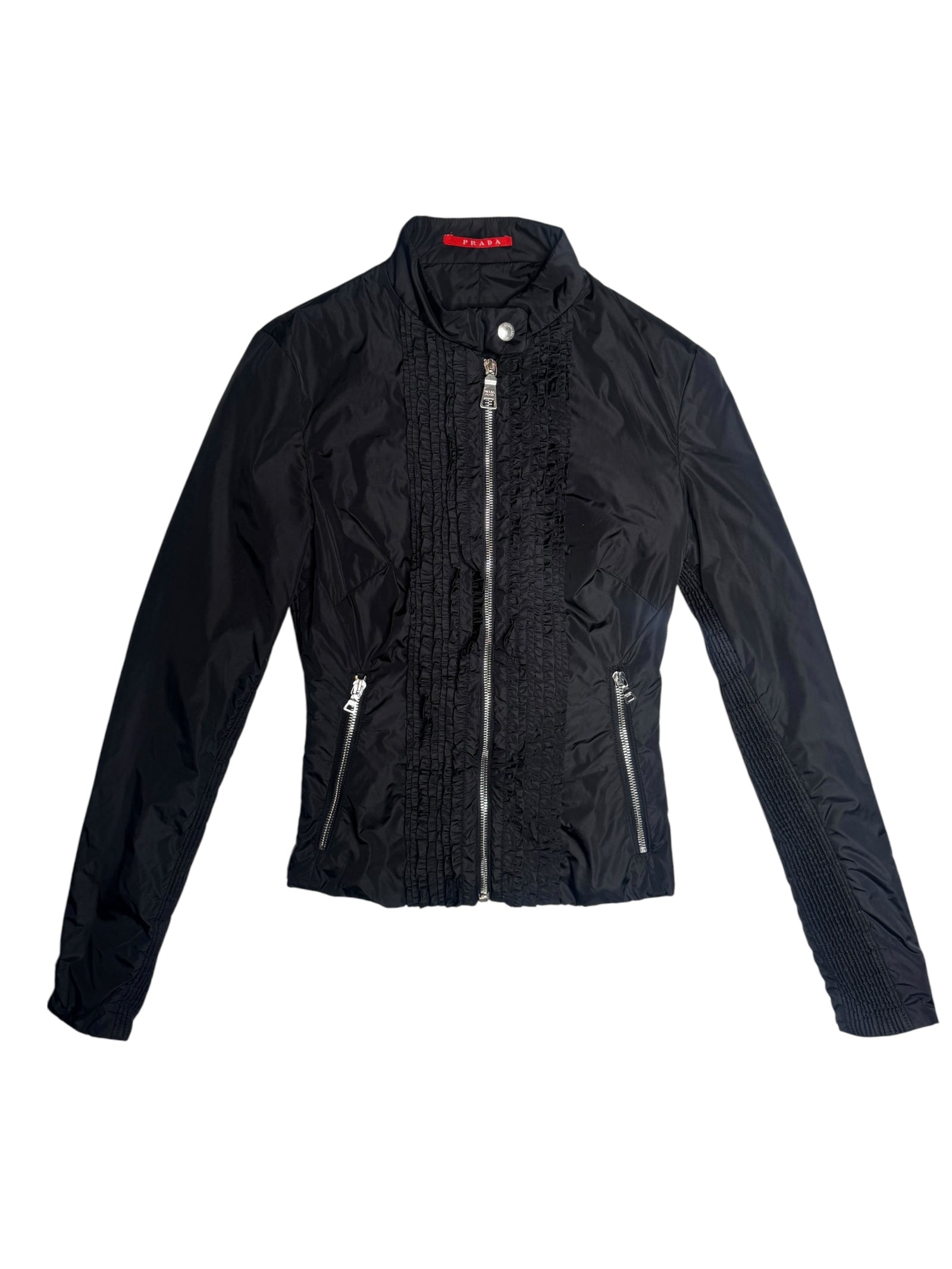 Vintage 2000s Y2K Prada Black Moto Nylon Fitted Utility Track Windbreaker Jacket with Ruffle Detail | Size XXS