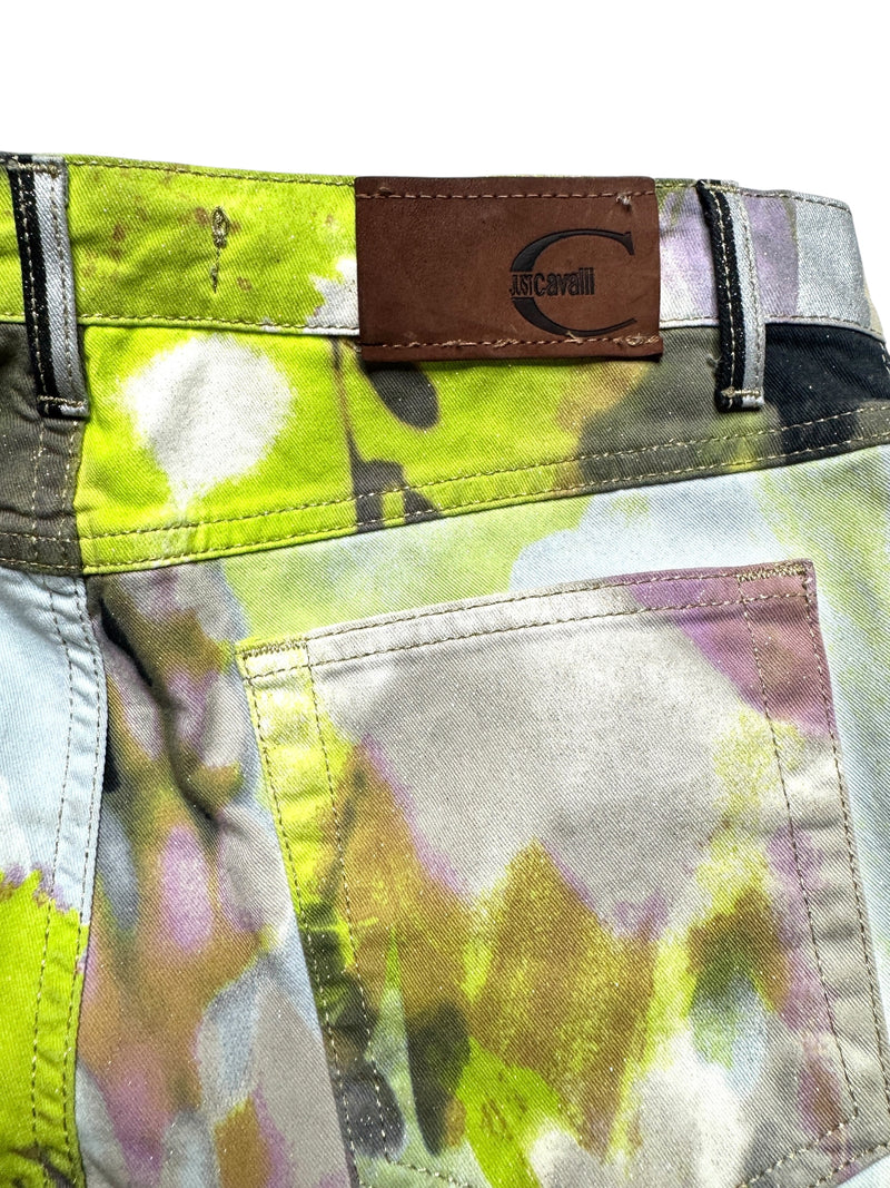 Vintage 2000s Y2K Just Cavalli Bohemian Grunge Mid-Rise Bright Green & Purple Abstract Floral Straight Leg Glitter Jeans | 28 Inch Waist