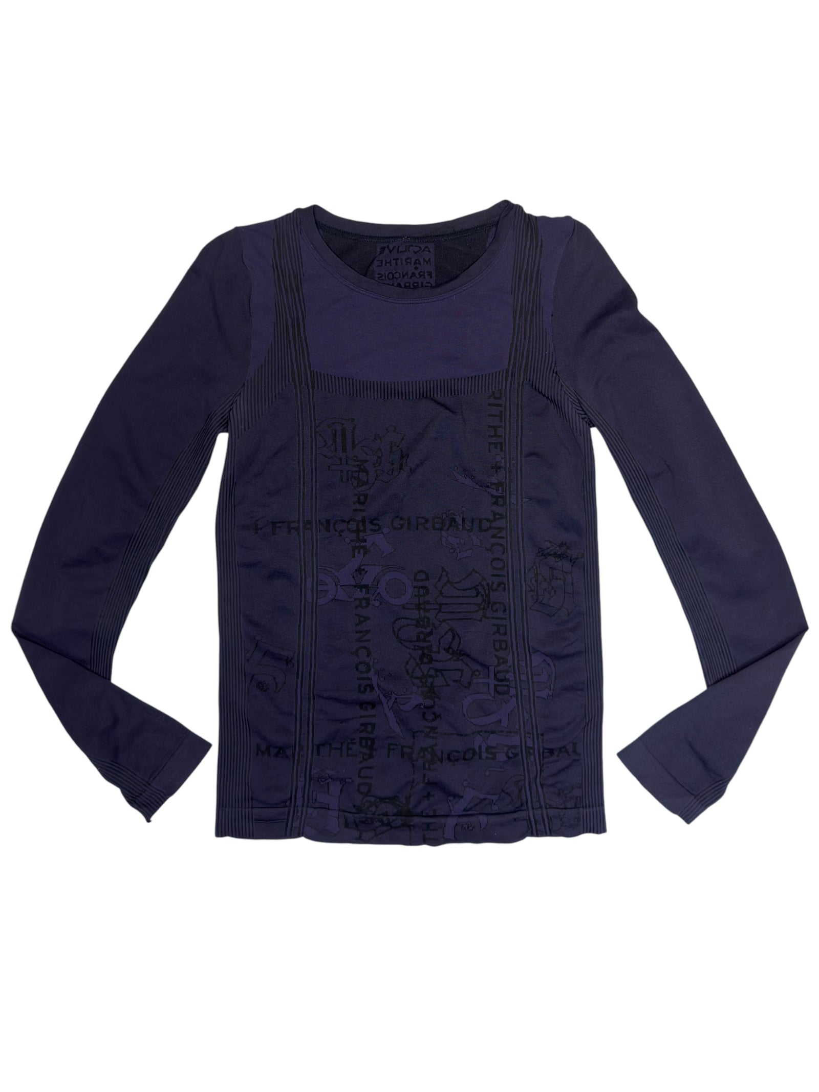 Vintage 2000s MARITHÉ+FRANÇOIS GIRBAUD Purple & Black Seamless Logo Stretchy Thermal Long Sleeve Top | Size L
